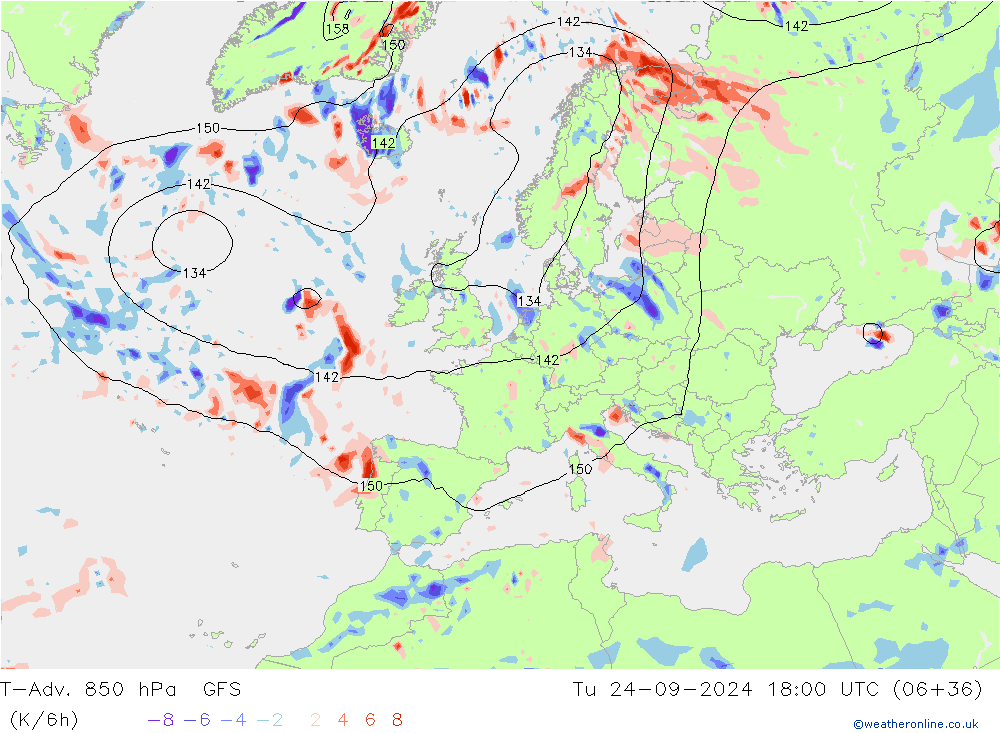 T-Adv. 850 hPa GFS mar 24.09.2024 18 UTC