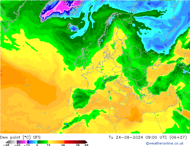 точка росы GFS вт 24.09.2024 09 UTC