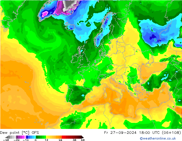 Punto di rugiada GFS ven 27.09.2024 18 UTC