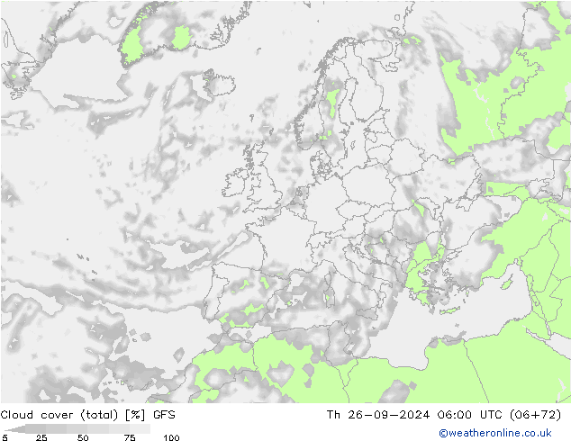 Cloud cover (total) GFS Th 26.09.2024 06 UTC