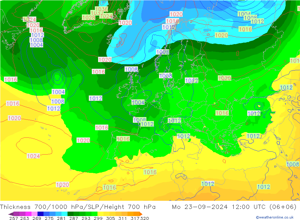 Dikte700-1000 hPa GFS ma 23.09.2024 12 UTC