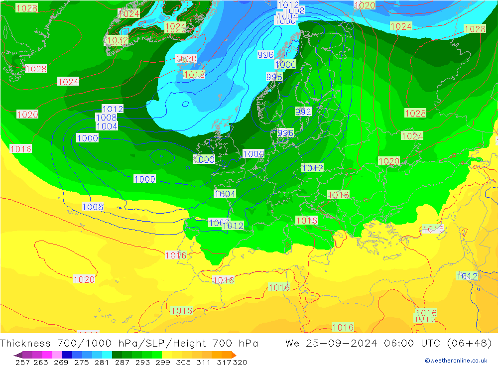 Thck 700-1000 hPa GFS mer 25.09.2024 06 UTC