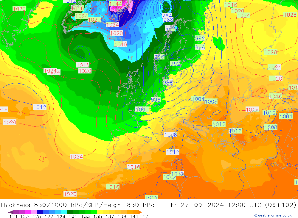 Thck 850-1000 hPa GFS Fr 27.09.2024 12 UTC