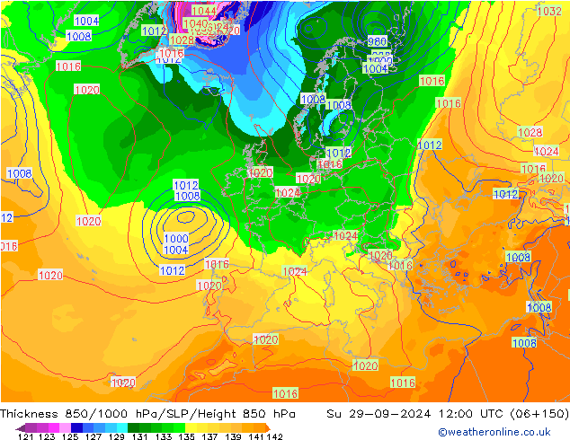 Thck 850-1000 hPa GFS dom 29.09.2024 12 UTC