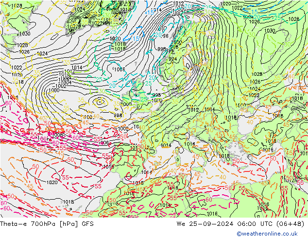 Theta-e 700hPa GFS śro. 25.09.2024 06 UTC