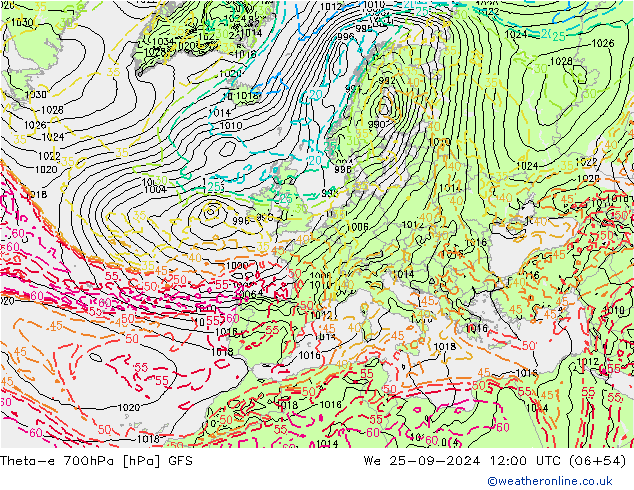 Theta-e 700hPa GFS wo 25.09.2024 12 UTC