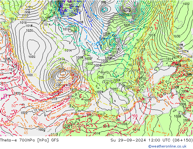 Theta-e 700hPa GFS Paz 29.09.2024 12 UTC