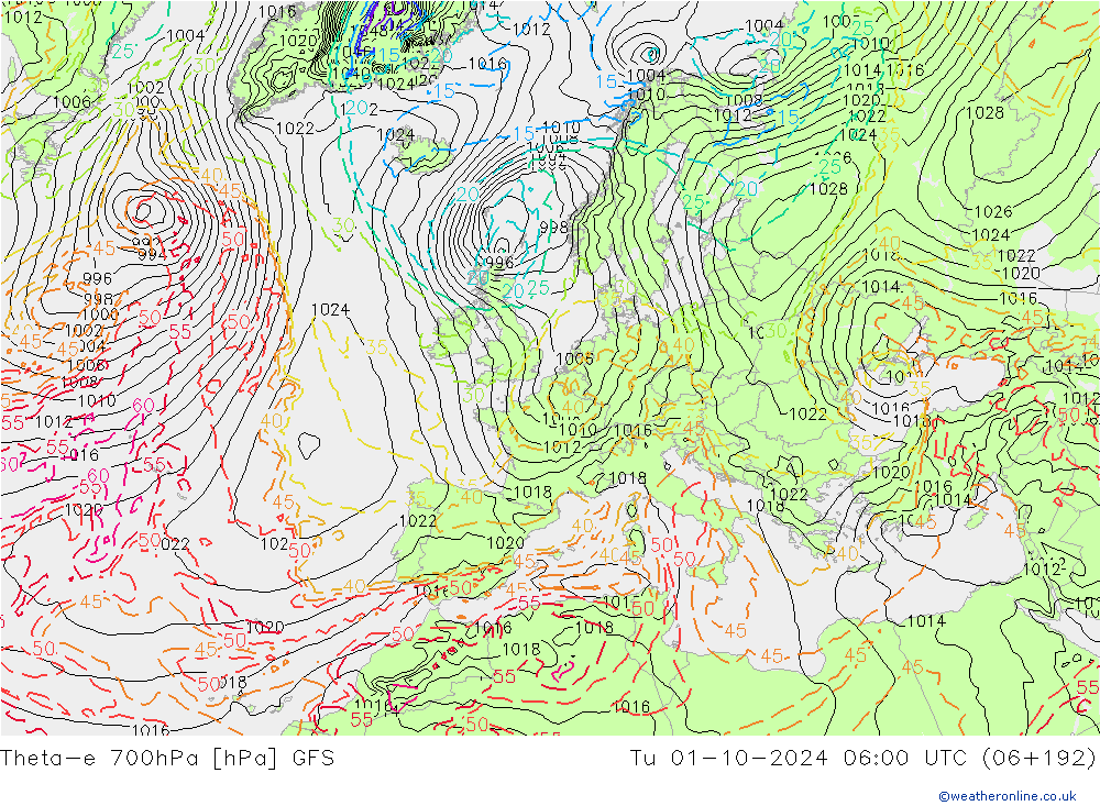 Theta-e 700hPa GFS mar 01.10.2024 06 UTC