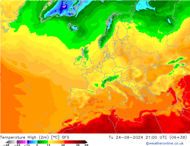 Temperature High (2m) GFS Tu 24.09.2024 21 UTC