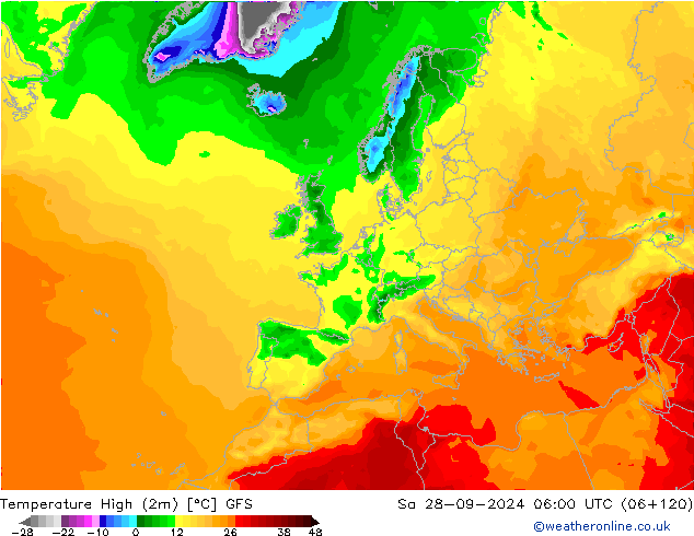 Temperature High (2m) GFS Sa 28.09.2024 06 UTC