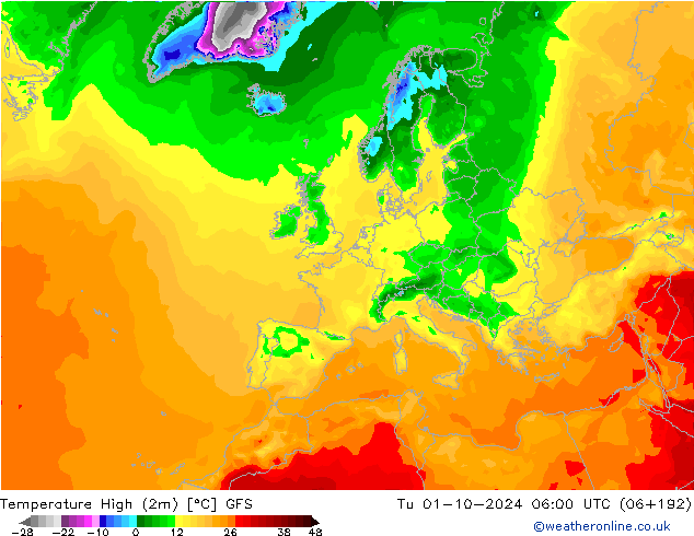 Nejvyšší teplota (2m) GFS Út 01.10.2024 06 UTC