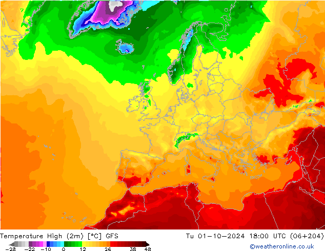 Temperature High (2m) GFS Tu 01.10.2024 18 UTC