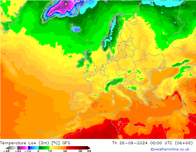 Min. Temperatura (2m) GFS czw. 26.09.2024 00 UTC