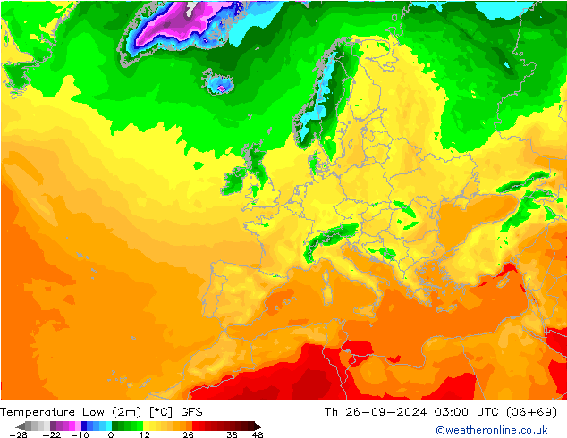 Nejnižší teplota (2m) GFS Čt 26.09.2024 03 UTC