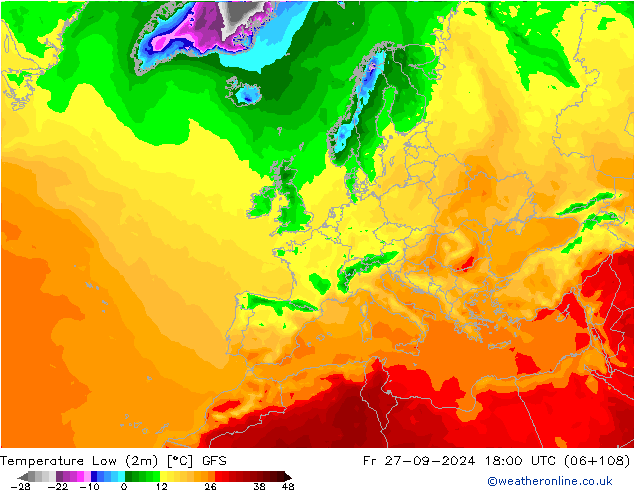 Temperature Low (2m) GFS Fr 27.09.2024 18 UTC