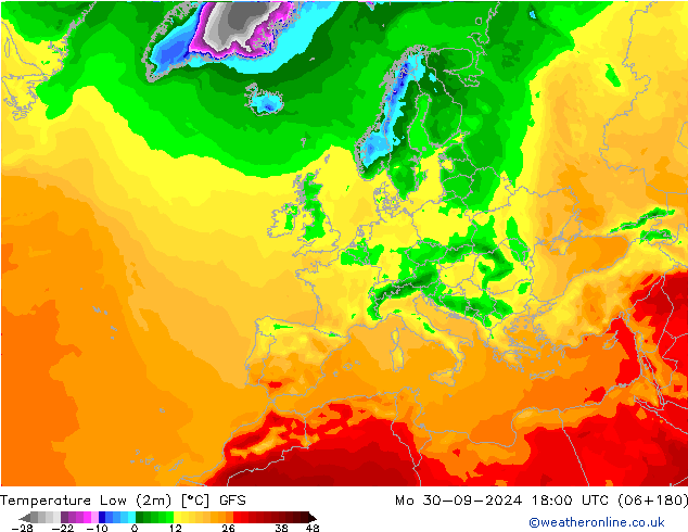 Temperature Low (2m) GFS Mo 30.09.2024 18 UTC