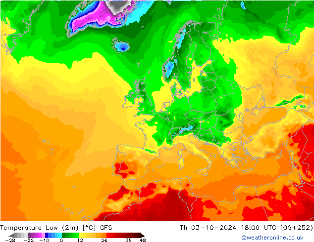 Temperature Low (2m) GFS Th 03.10.2024 18 UTC