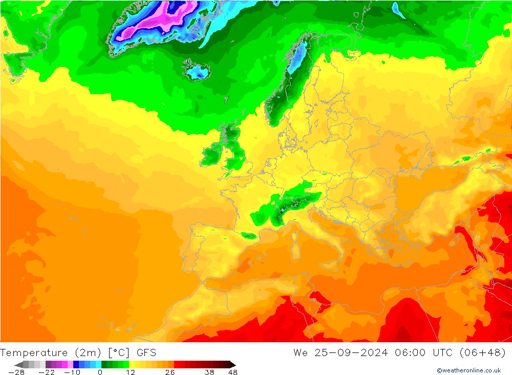 Temperatuurkaart (2m) GFS wo 25.09.2024 06 UTC