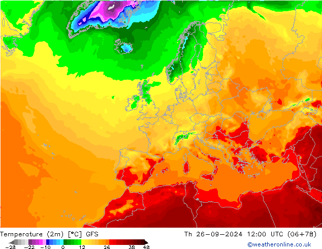 Temperature (2m) GFS Th 26.09.2024 12 UTC