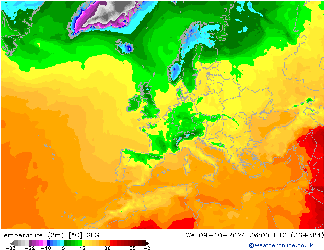 Temperaturkarte (2m) GFS Mi 09.10.2024 06 UTC