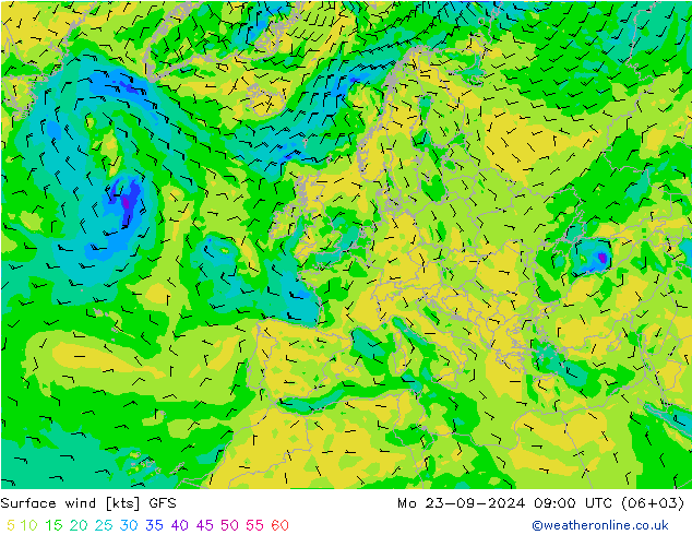 Viento 10 m GFS lun 23.09.2024 09 UTC