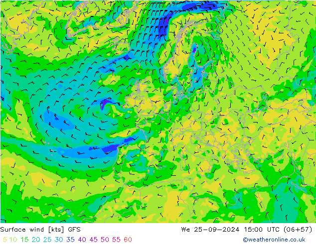 Vento 10 m GFS Qua 25.09.2024 15 UTC