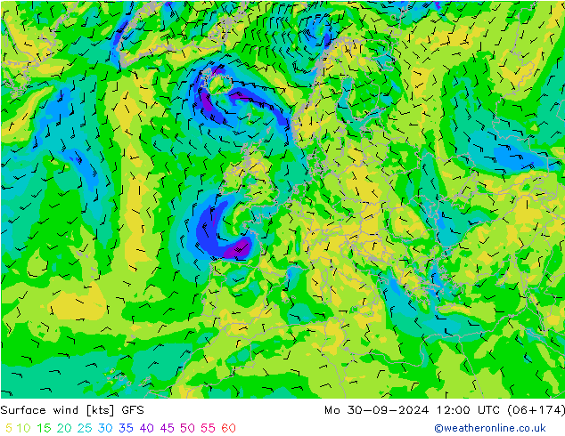 Wind 10 m GFS ma 30.09.2024 12 UTC