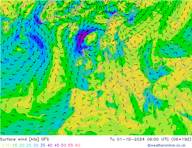 Surface wind GFS Út 01.10.2024 06 UTC