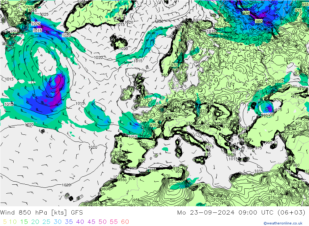 Vento 850 hPa GFS lun 23.09.2024 09 UTC