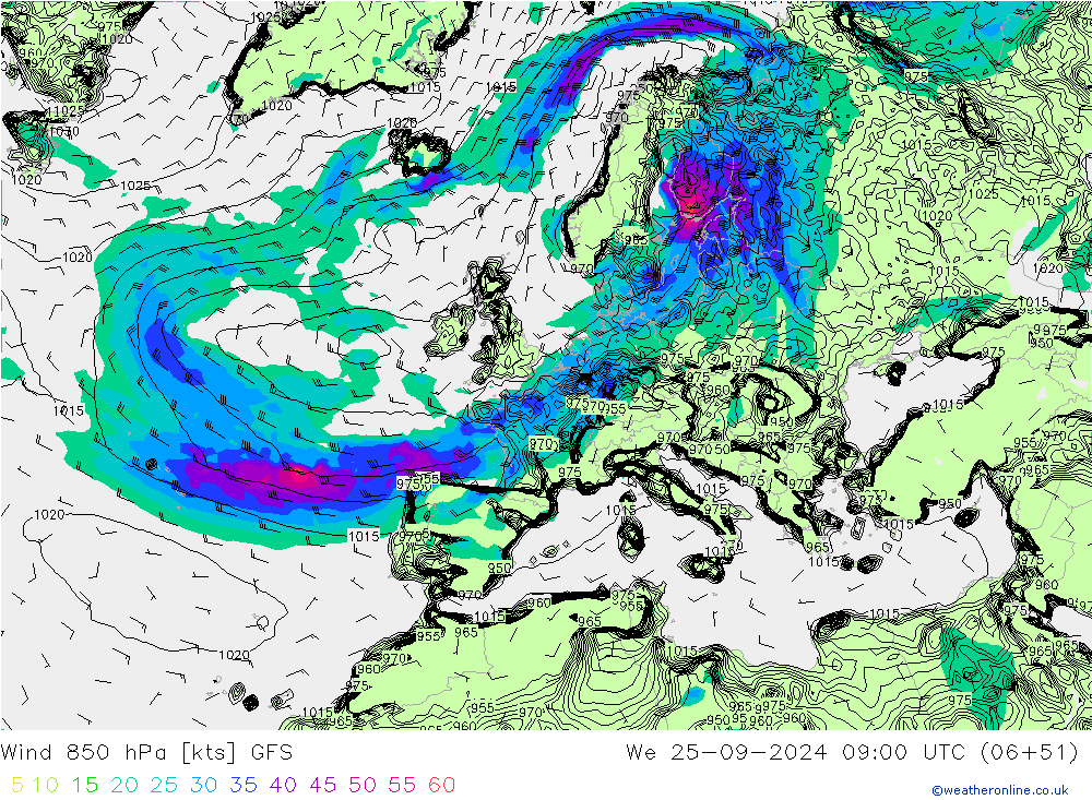 wiatr 850 hPa GFS śro. 25.09.2024 09 UTC