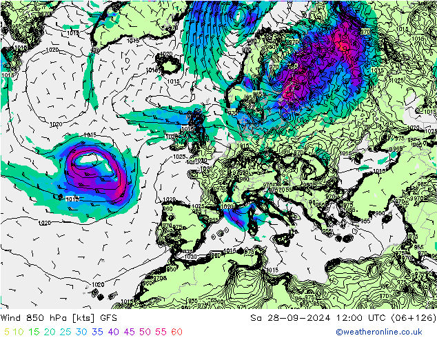 Vent 850 hPa GFS sam 28.09.2024 12 UTC