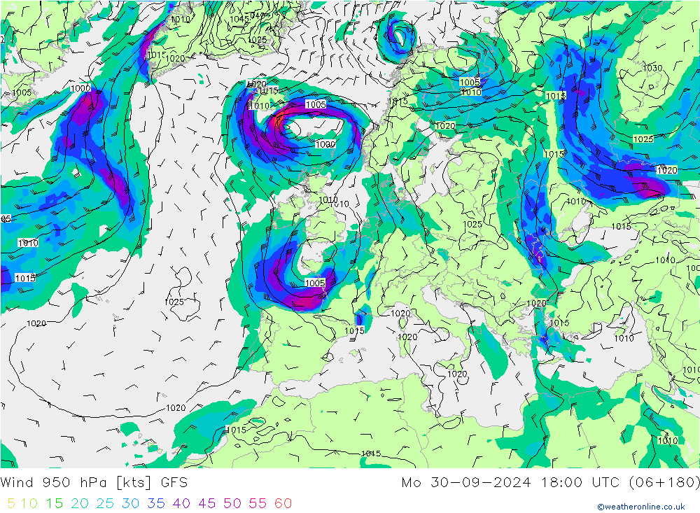 Wind 950 hPa GFS ma 30.09.2024 18 UTC