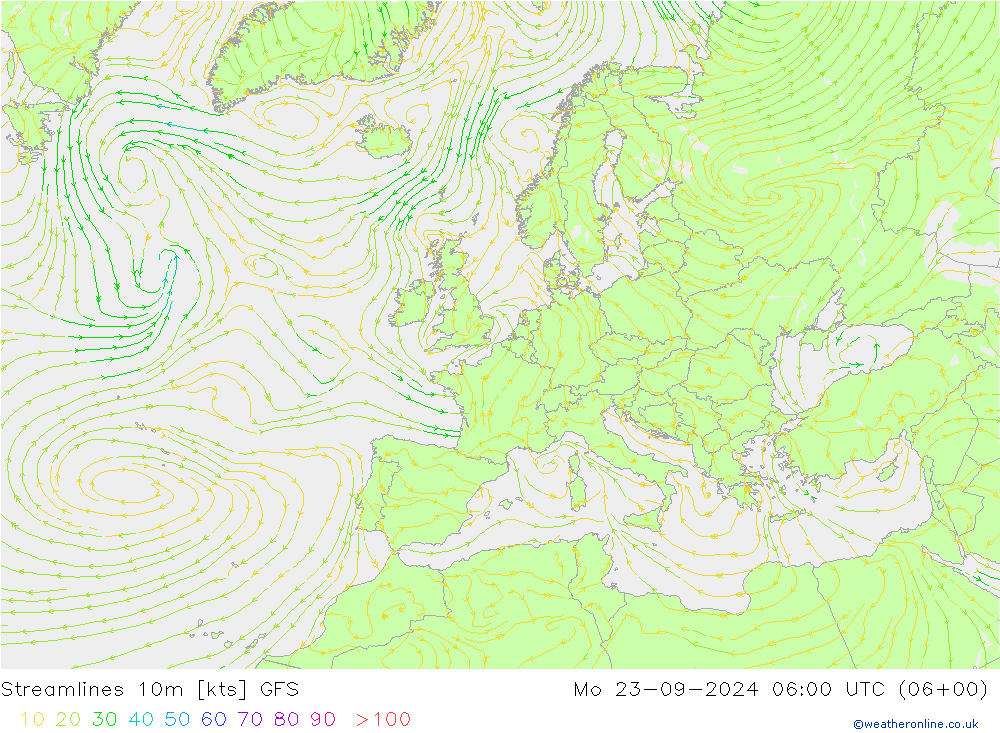 Linia prądu 10m GFS pon. 23.09.2024 06 UTC