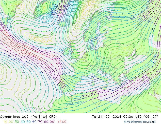 Stromlinien 200 hPa GFS Di 24.09.2024 09 UTC