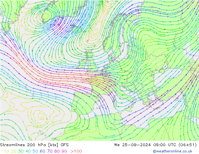 Linia prądu 200 hPa GFS śro. 25.09.2024 09 UTC