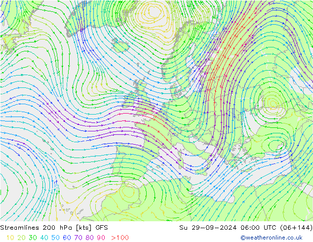 Streamlines 200 hPa GFS Su 29.09.2024 06 UTC