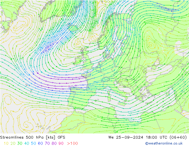 Streamlines 500 hPa GFS We 25.09.2024 18 UTC