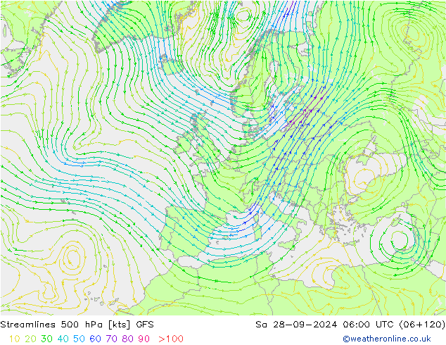 Streamlines 500 hPa GFS Sa 28.09.2024 06 UTC