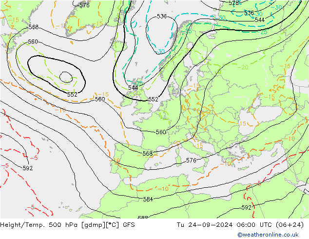 Z500/Rain (+SLP)/Z850 GFS wto. 24.09.2024 06 UTC