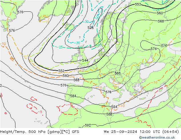 Z500/Rain (+SLP)/Z850 GFS We 25.09.2024 12 UTC