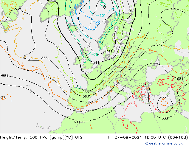 Z500/Rain (+SLP)/Z850 GFS ven 27.09.2024 18 UTC