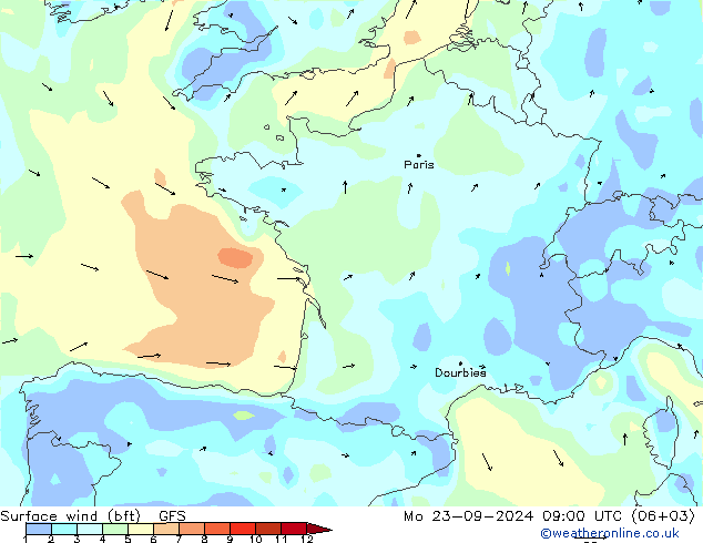 Bodenwind (bft) GFS Mo 23.09.2024 09 UTC