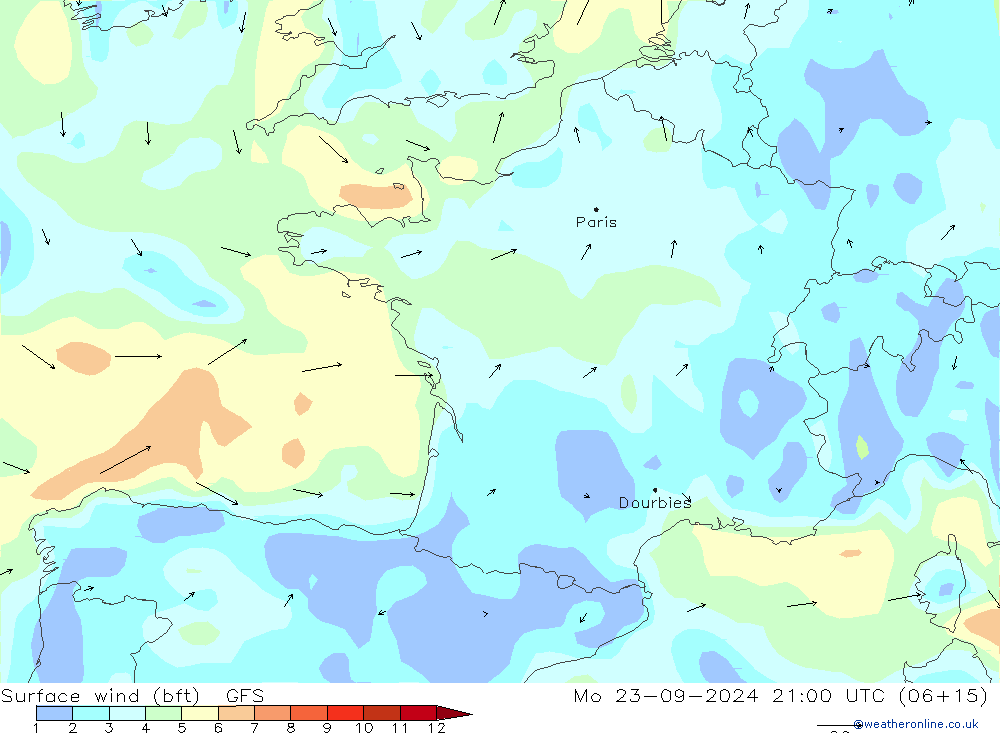 Vento 10 m (bft) GFS Seg 23.09.2024 21 UTC