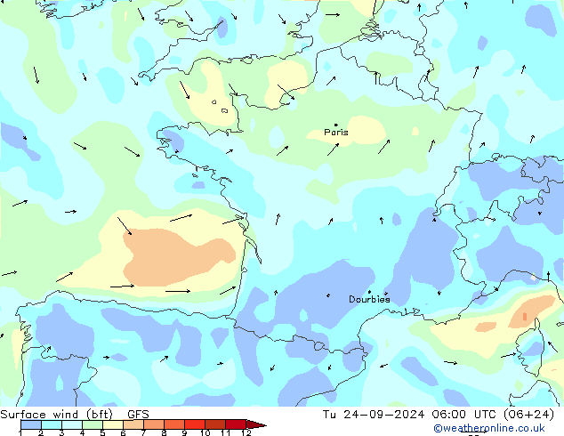  10 m (bft) GFS  24.09.2024 06 UTC