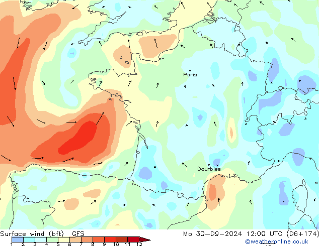 Surface wind (bft) GFS Mo 30.09.2024 12 UTC