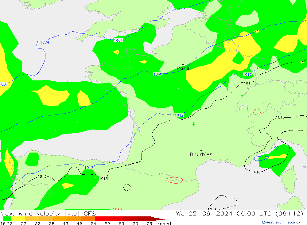 Max. wind velocity GFS mer 25.09.2024 00 UTC