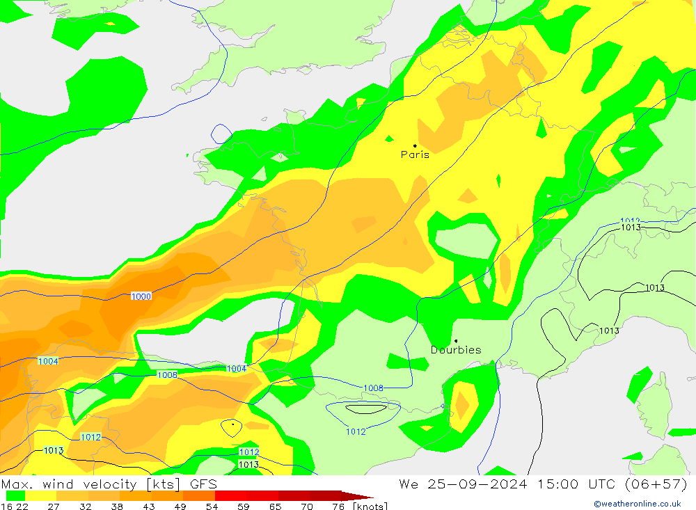 Max. wind velocity GFS mié 25.09.2024 15 UTC