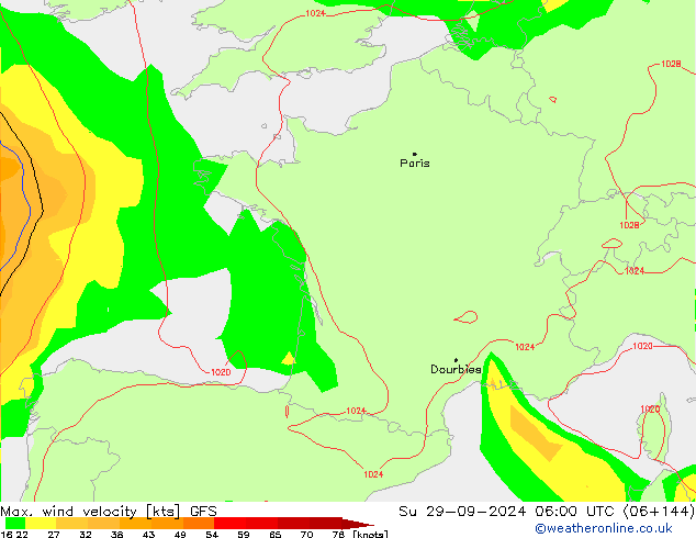 Max. wind velocity GFS Su 29.09.2024 06 UTC