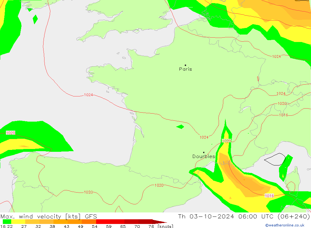 Max. wind snelheid GFS do 03.10.2024 06 UTC