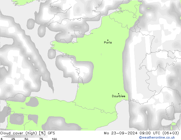 vysoký oblak GFS Po 23.09.2024 09 UTC